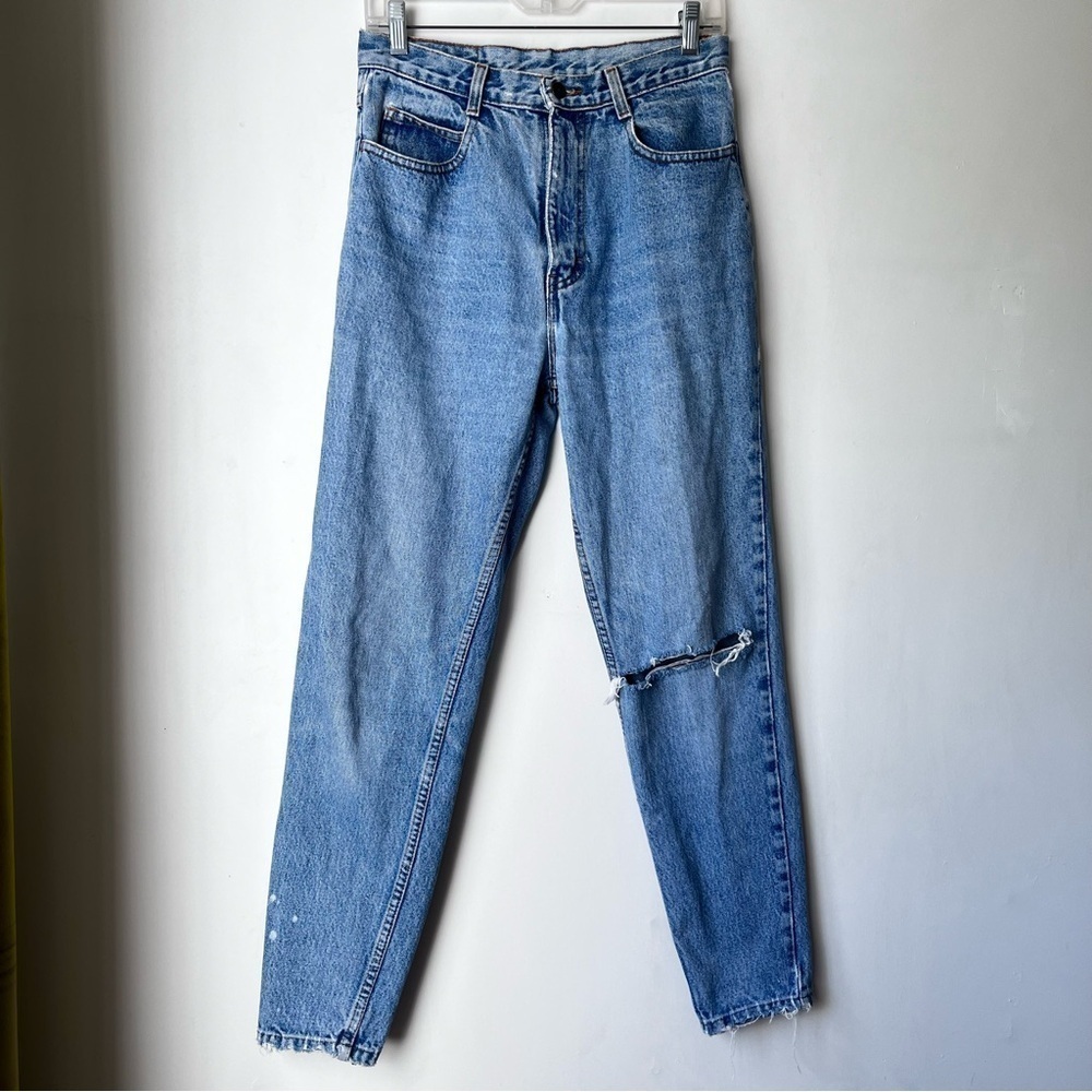 Vintage 80s Jordache Medium Wash Distressed Rip Knee Zip Ankle Tapered Jeans 4